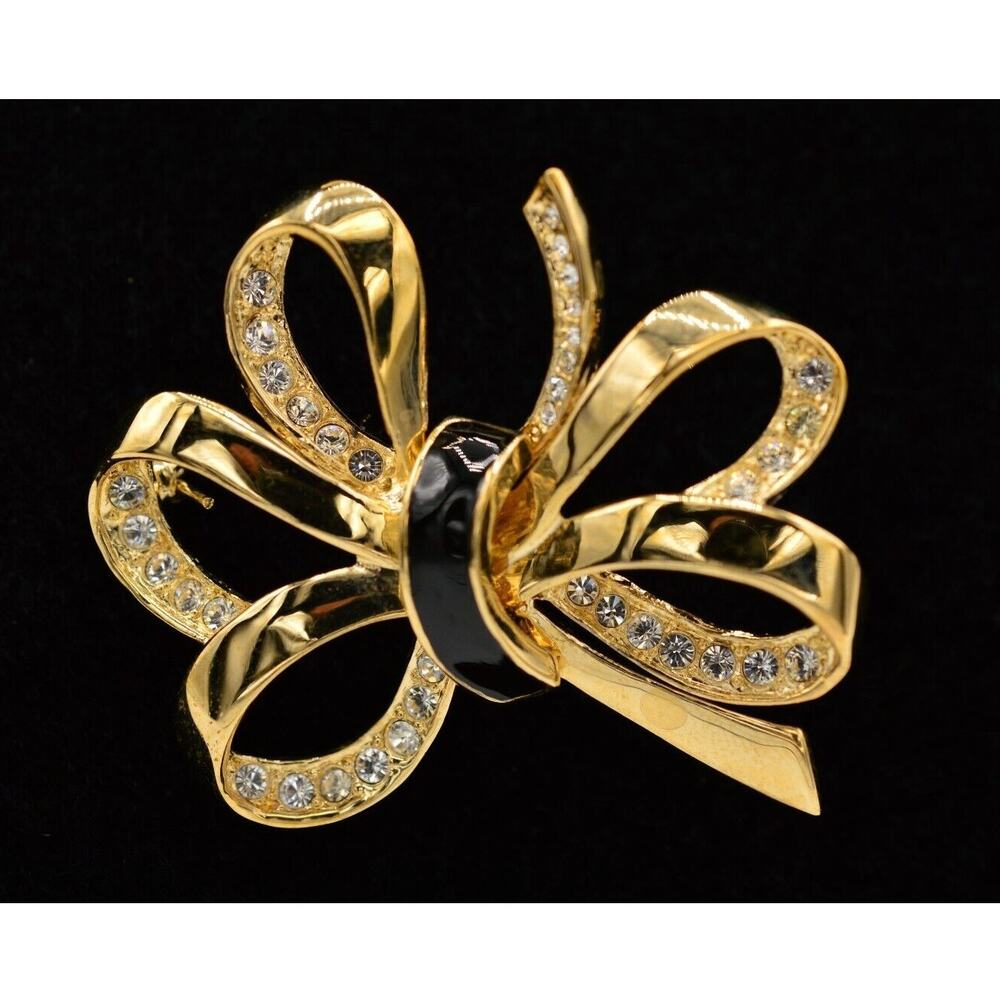 Roman Vintage Bow Pin Brooch Rhinestone Crystal Gold Black Enamel Signed Bin1